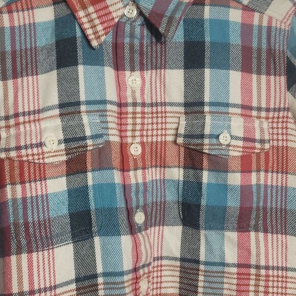 Patagonia Fjord Plaid Flannel Button Down Shirt EUC Midweight sz 4 Red Blue - Picture 4 of 7